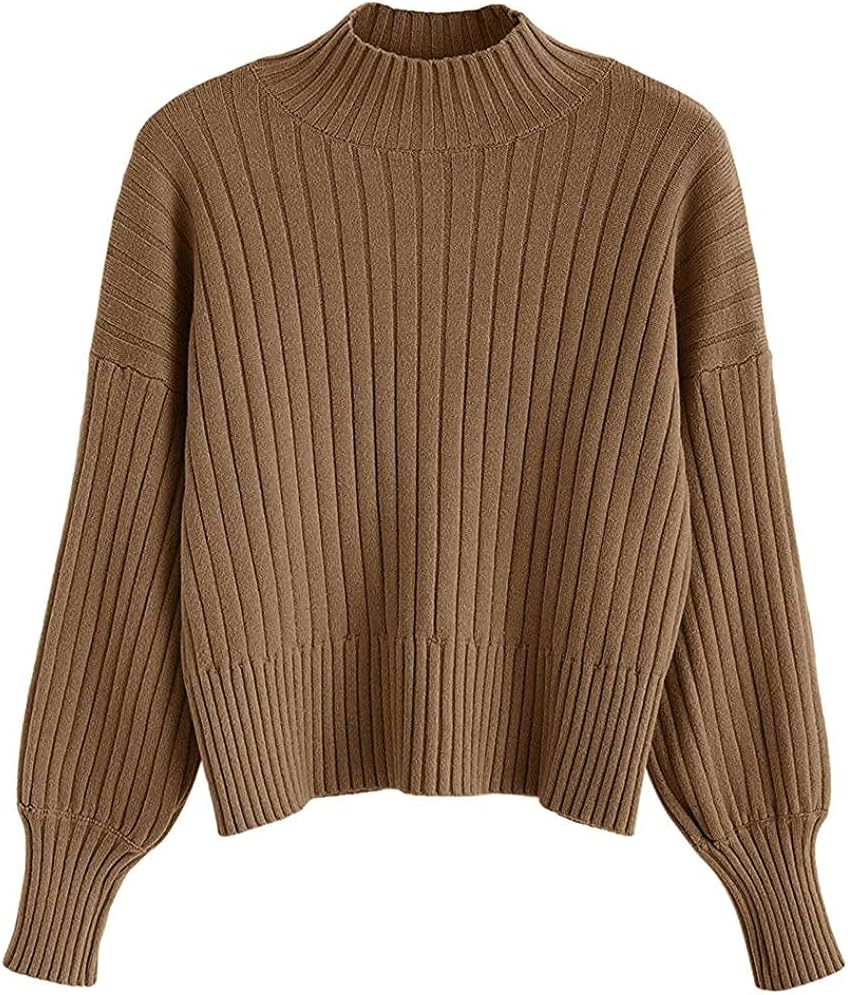 Women's Ribbed Knit Mock Neck Cropped Sweater with Lantern Sleeves