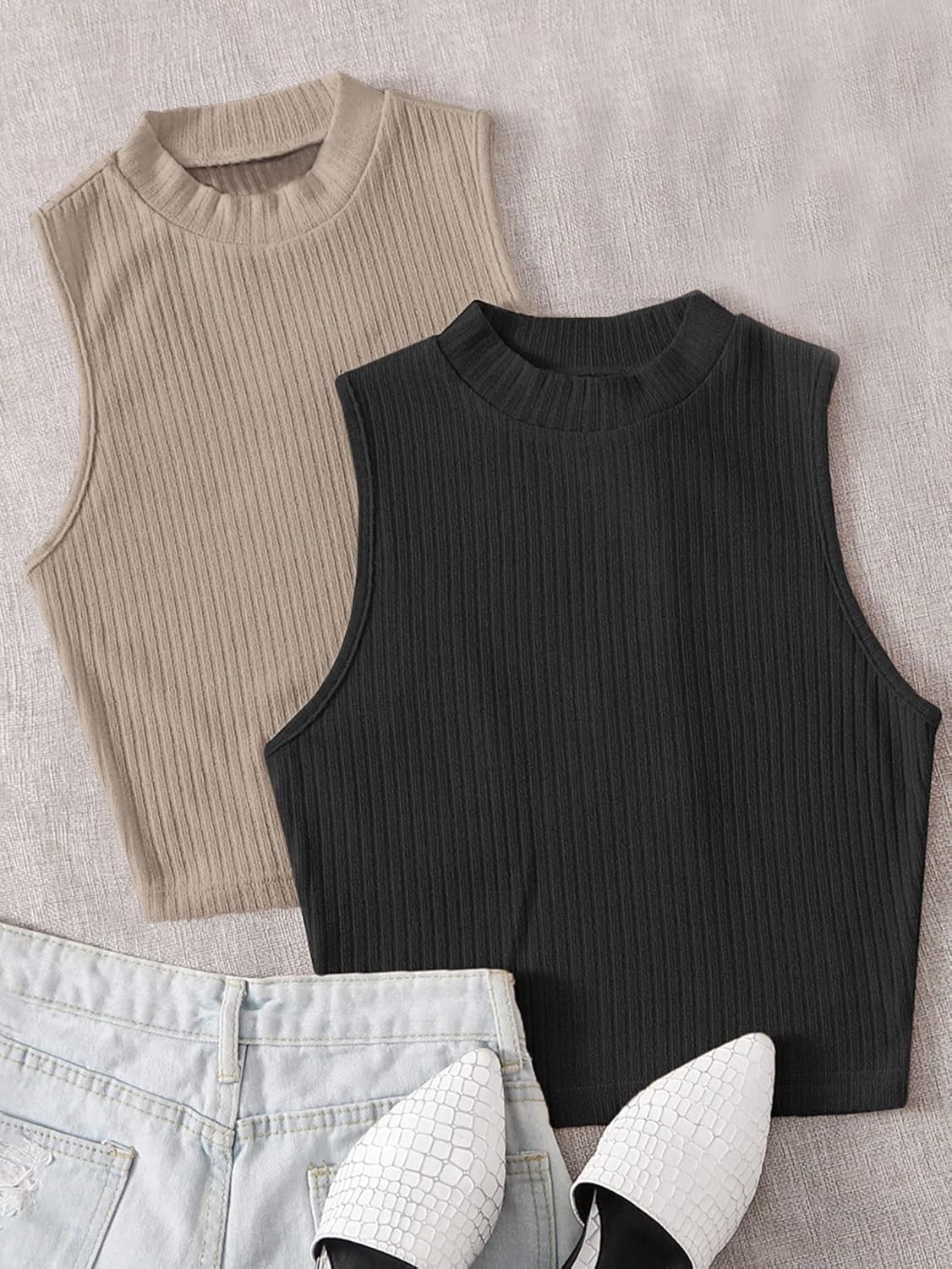 Chic Women's 2-Pack Mock Neck Sleeveless Tops in Black & Beige