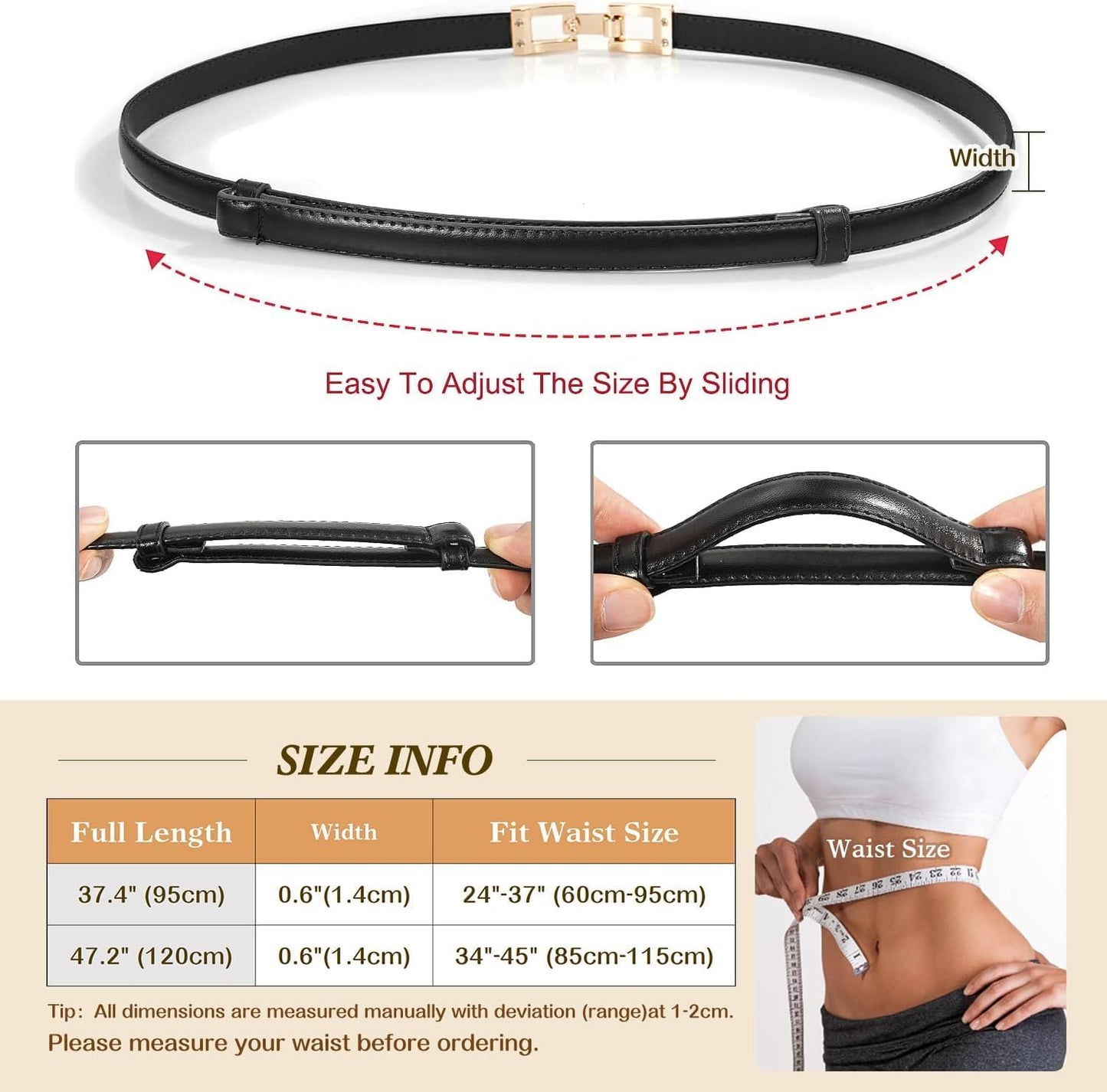 Skinny Belts for Women Thin PU Leather Waist Belt with Gold Buckle for Dresses