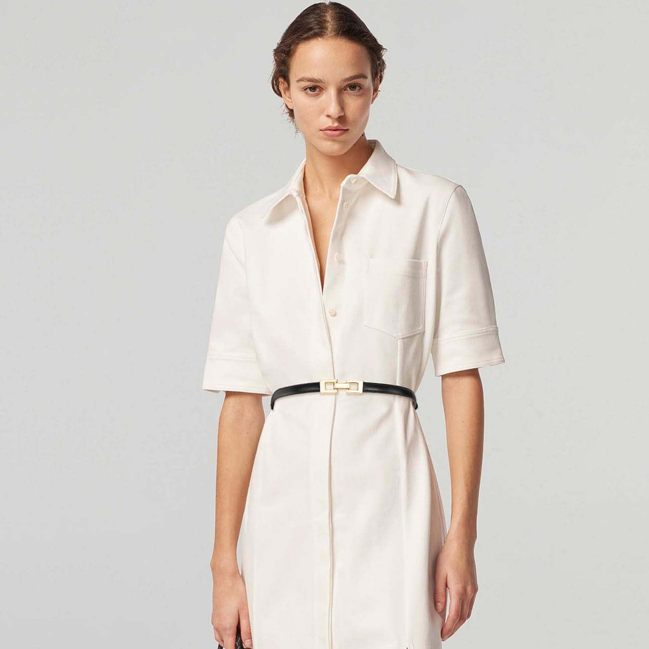 Skinny Belts for Women Thin PU Leather Waist Belt with Gold Buckle for Dresses