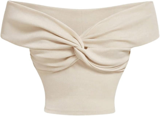 Women'S Twist Front off Shoulder Crop Tops Y2K Short Sleeve Knit Fitted Summer Top