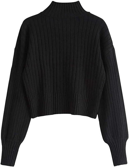 Women's Ribbed Knit Mock Neck Cropped Sweater with Lantern Sleeves