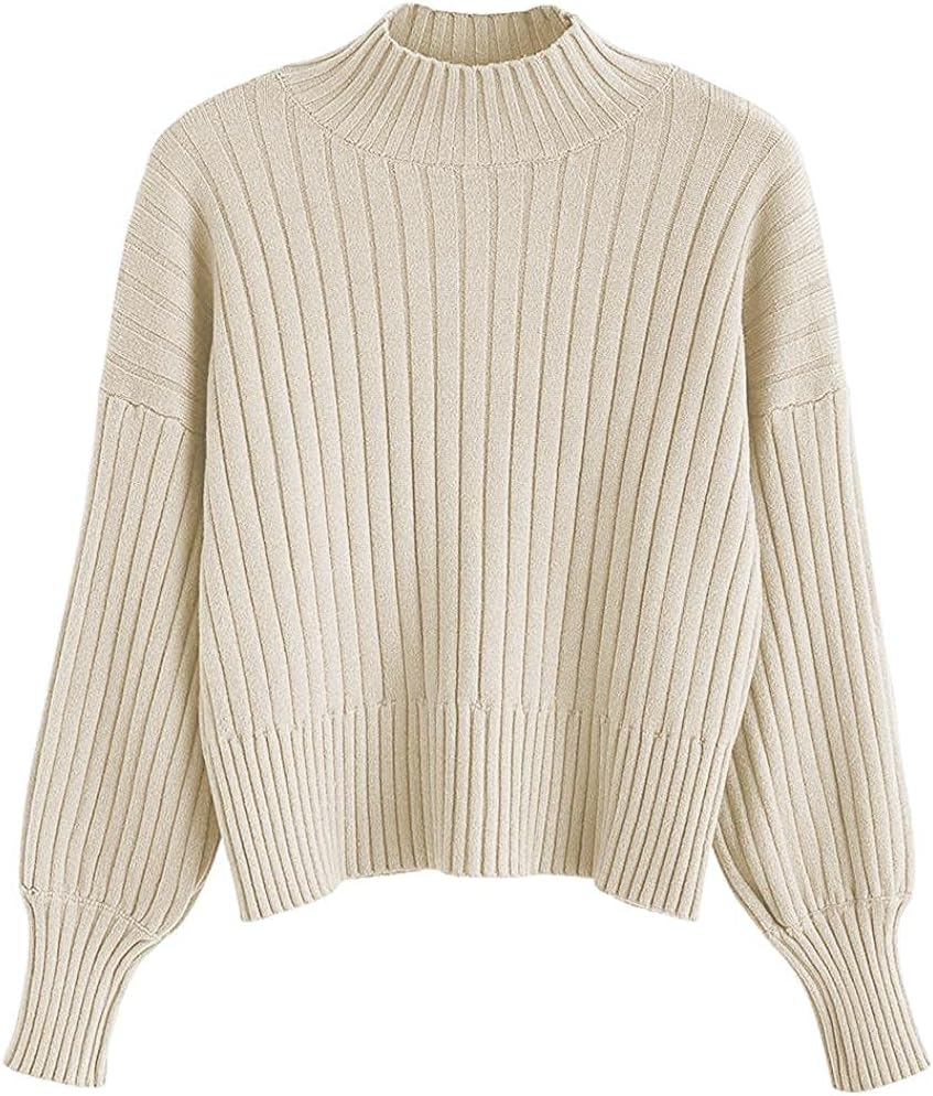 Women's Ribbed Knit Mock Neck Cropped Sweater with Lantern Sleeves
