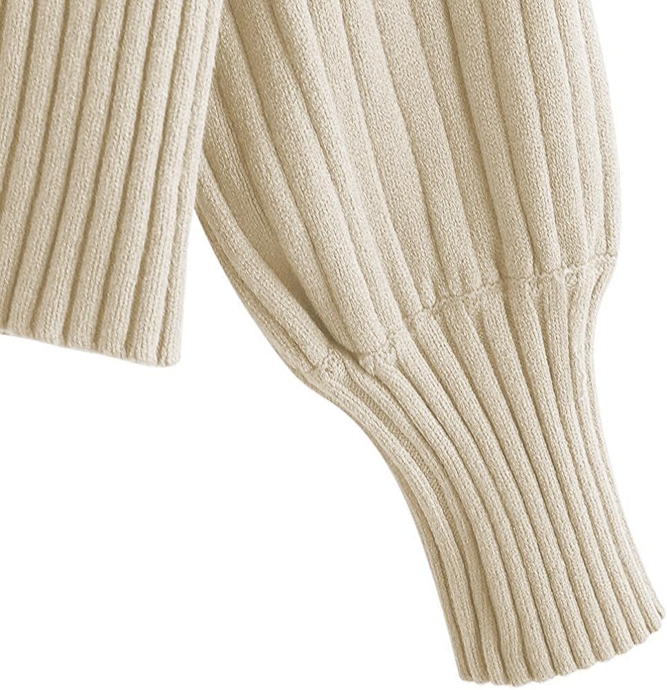 Women's Ribbed Knit Mock Neck Cropped Sweater with Lantern Sleeves