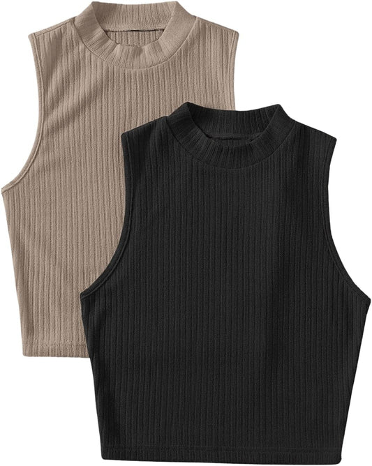 Chic Women's 2-Pack Mock Neck Sleeveless Tops in Black & Beige