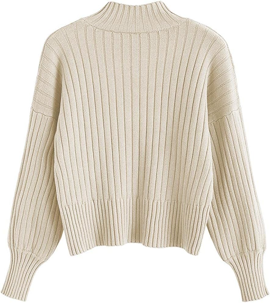 Women's Ribbed Knit Mock Neck Cropped Sweater with Lantern Sleeves