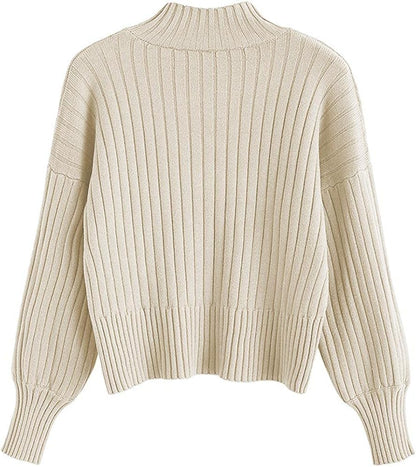 Women's Ribbed Knit Mock Neck Cropped Sweater with Lantern Sleeves