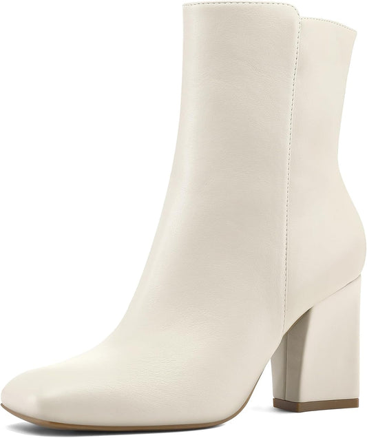 Women'S Gogo Boots Square Toe Side Zipper Ankle Boots Chunky Block Heel Mid Calf Low Heeled Short Booties