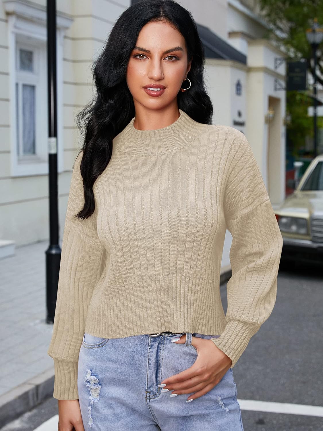 Women's Ribbed Knit Mock Neck Cropped Sweater with Lantern Sleeves