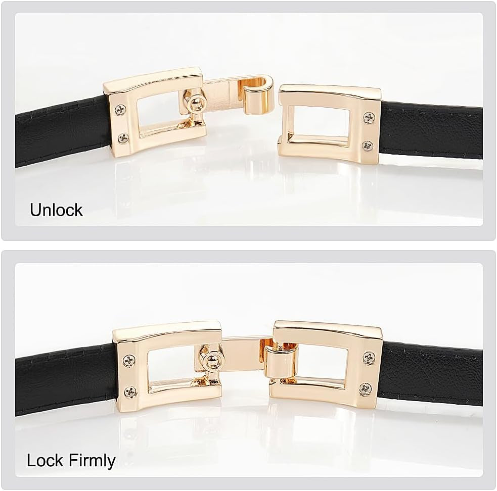 Skinny Belts for Women Thin PU Leather Waist Belt with Gold Buckle for Dresses
