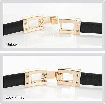 Skinny Belts for Women Thin PU Leather Waist Belt with Gold Buckle for Dresses