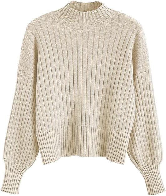Women's Ribbed Knit Mock Neck Cropped Sweater with Lantern Sleeves